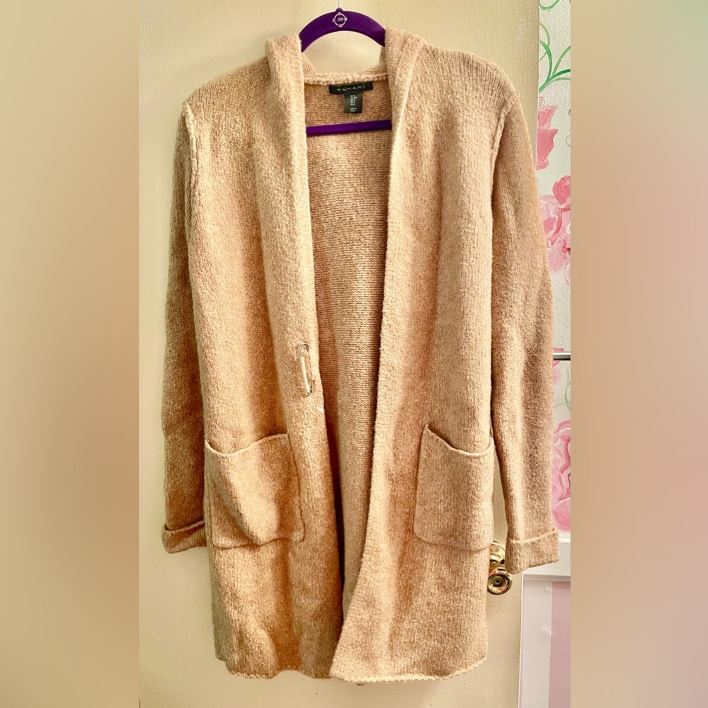 Tahari Long, Open Cardigan with pockets and hood     SIZE SMALL    NWOT!